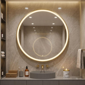 LUKKA ORBIS ROUND FRAMED LED MIRROR BRUSHED GOLD 900X900MM