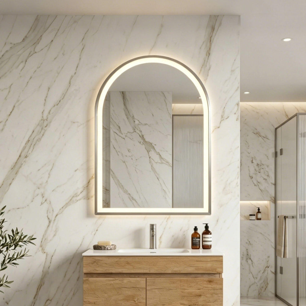 LUKKA ARCO ARCHED FRAMED LED MIRROR BRUSHED NICKEL 600X900MM