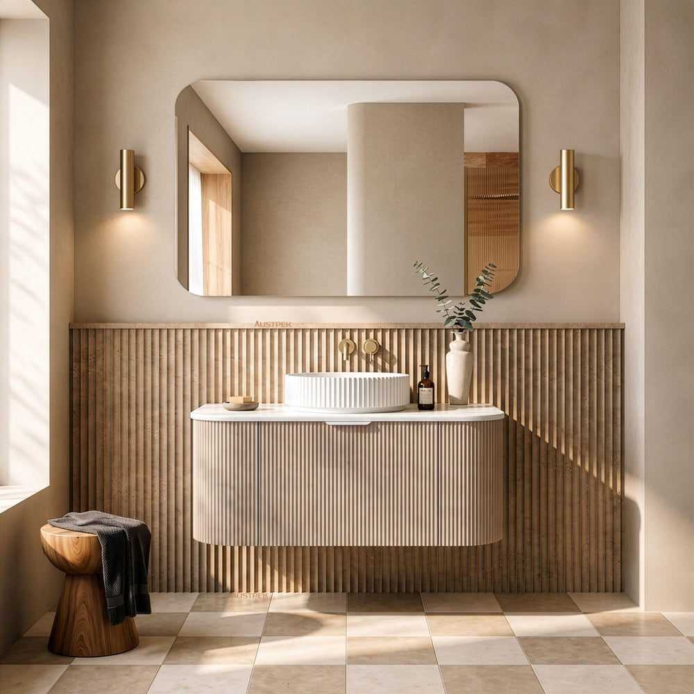LUKKA AGENA COSTAL OAK FLUTED 1200MM CURVE SINGLE BOWL WALL HUNG VANITY
