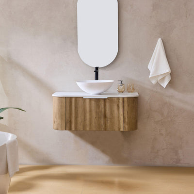 LUKKA AGENA PRIME OAK FLUTED 1200MM CURVE SINGLE BOWL WALL HUNG VANITY