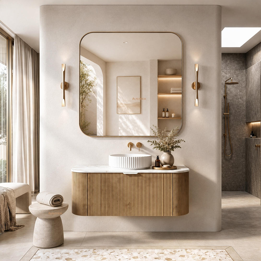 LUKKA AGENA PRIME OAK FLUTED 1200MM CURVE SINGLE BOWL WALL HUNG VANITY
