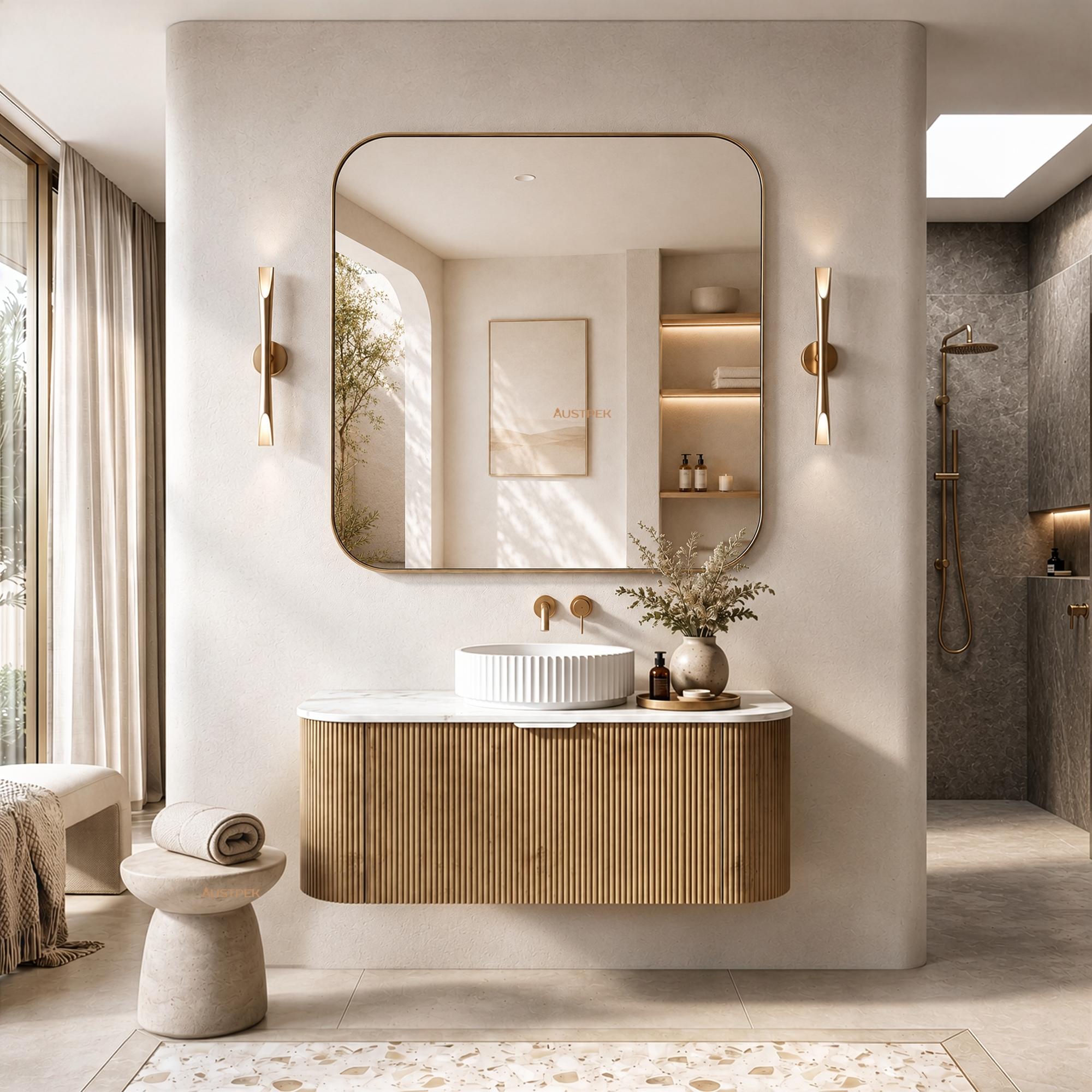 LUKKA AGENA PRIME OAK FLUTED 1200MM CURVE SINGLE BOWL WALL HUNG VANITY