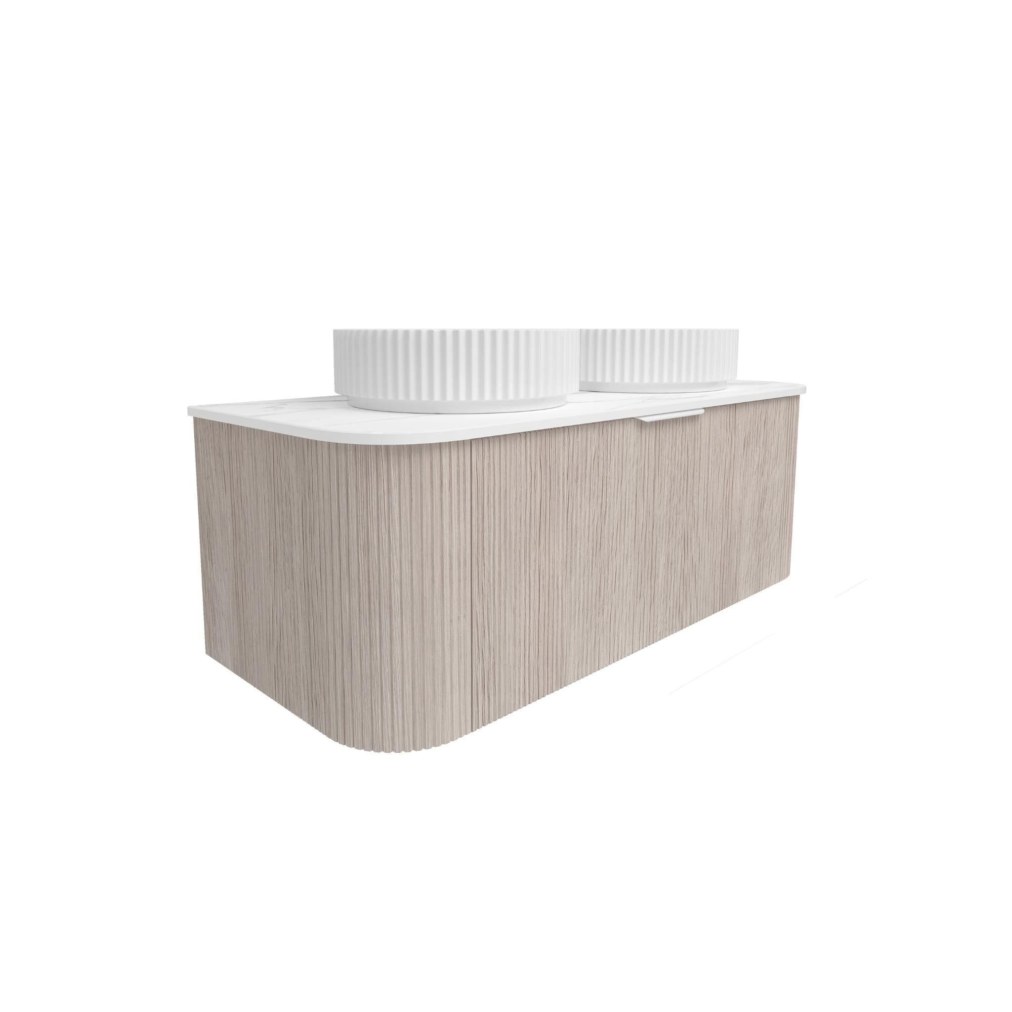 LUKKA AGENA COSTAL OAK FLUTED 1200MM CURVE DOUBLE BOWL WALL HUNG VANITY