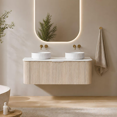 LUKKA AGENA COSTAL OAK FLUTED 1200MM CURVE DOUBLE BOWL WALL HUNG VANITY