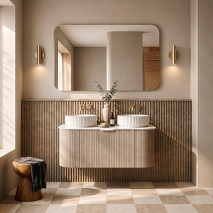 LUKKA AGENA COSTAL OAK FLUTED 1200MM CURVE DOUBLE BOWL WALL HUNG VANITY
