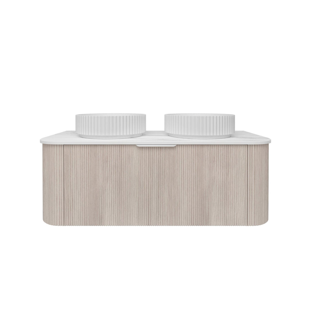 LUKKA AGENA COSTAL OAK FLUTED 1200MM CURVE DOUBLE BOWL WALL HUNG VANITY