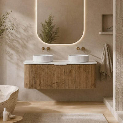 LUKKA AGENA PRIME OAK FLUTED 1200MM CURVE DOUBLE BOWL WALL HUNG VANITY