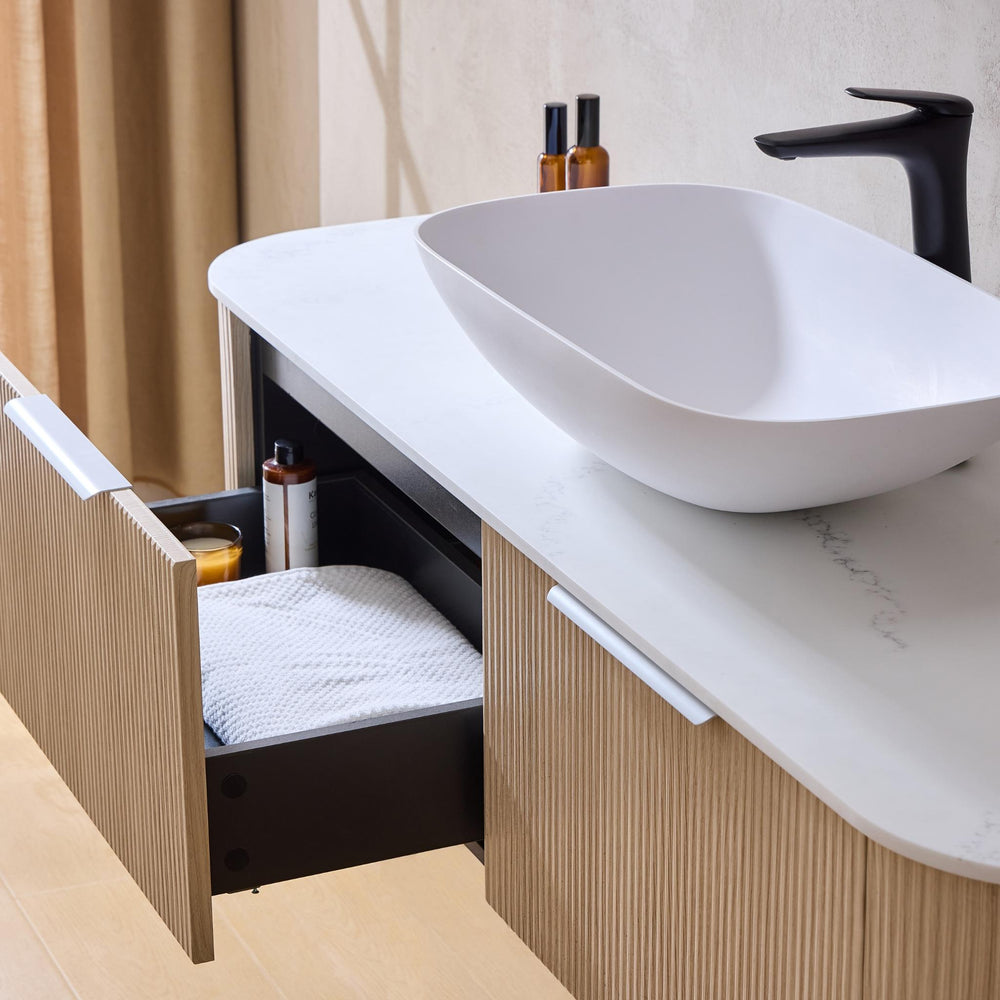 LUKKA AGENA COSTAL OAK FLUTED 1500MM CURVE SINGLE BOWL WALL HUNG VANITY