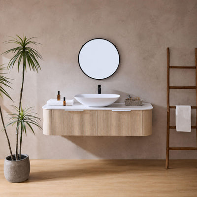 LUKKA AGENA COSTAL OAK FLUTED 1500MM CURVE SINGLE BOWL WALL HUNG VANITY