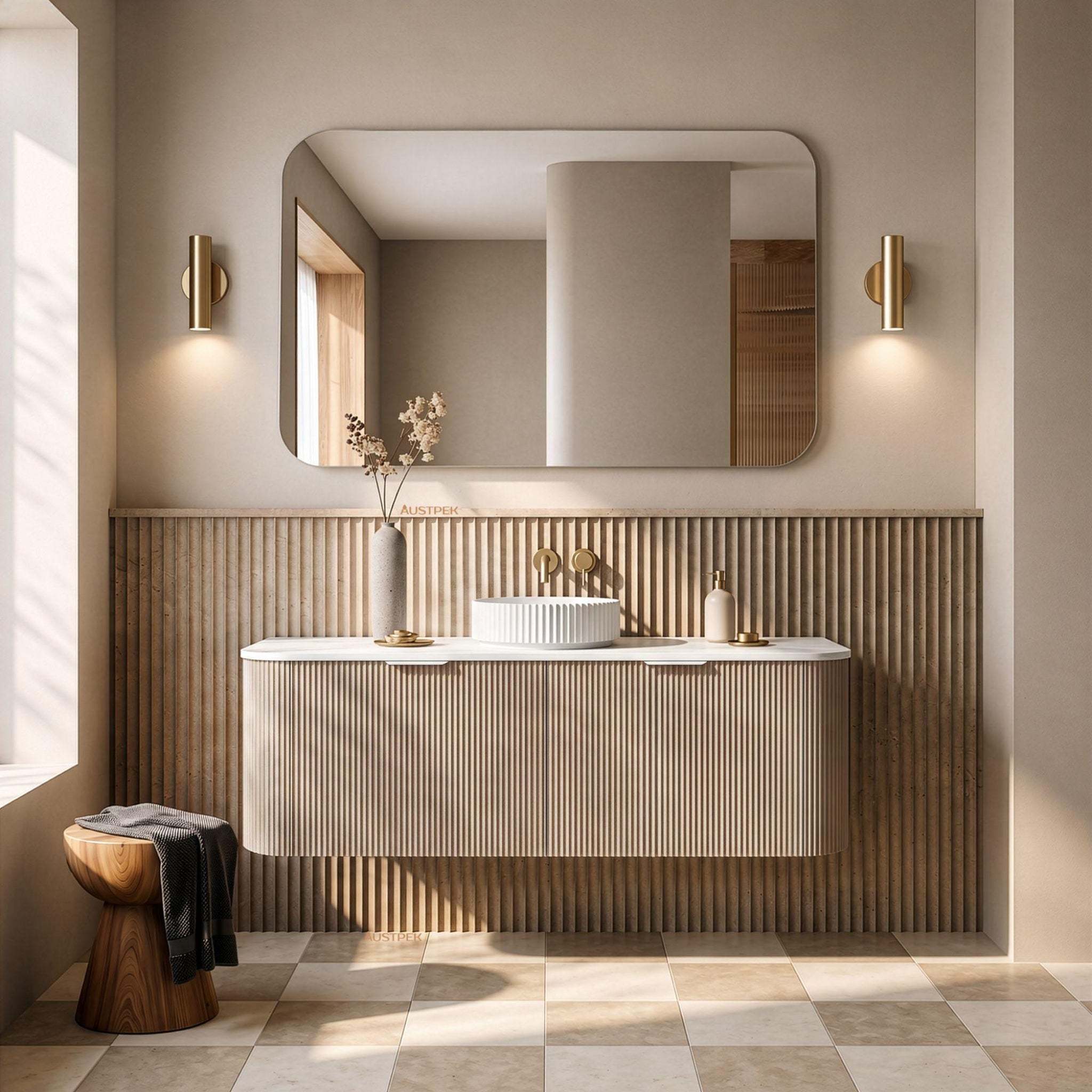 LUKKA AGENA COSTAL OAK FLUTED 1500MM CURVE SINGLE BOWL WALL HUNG VANITY