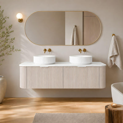 LUKKA AGENA COSTAL OAK FLUTED 1500MM CURVE DOUBLE BOWL WALL HUNG VANITY