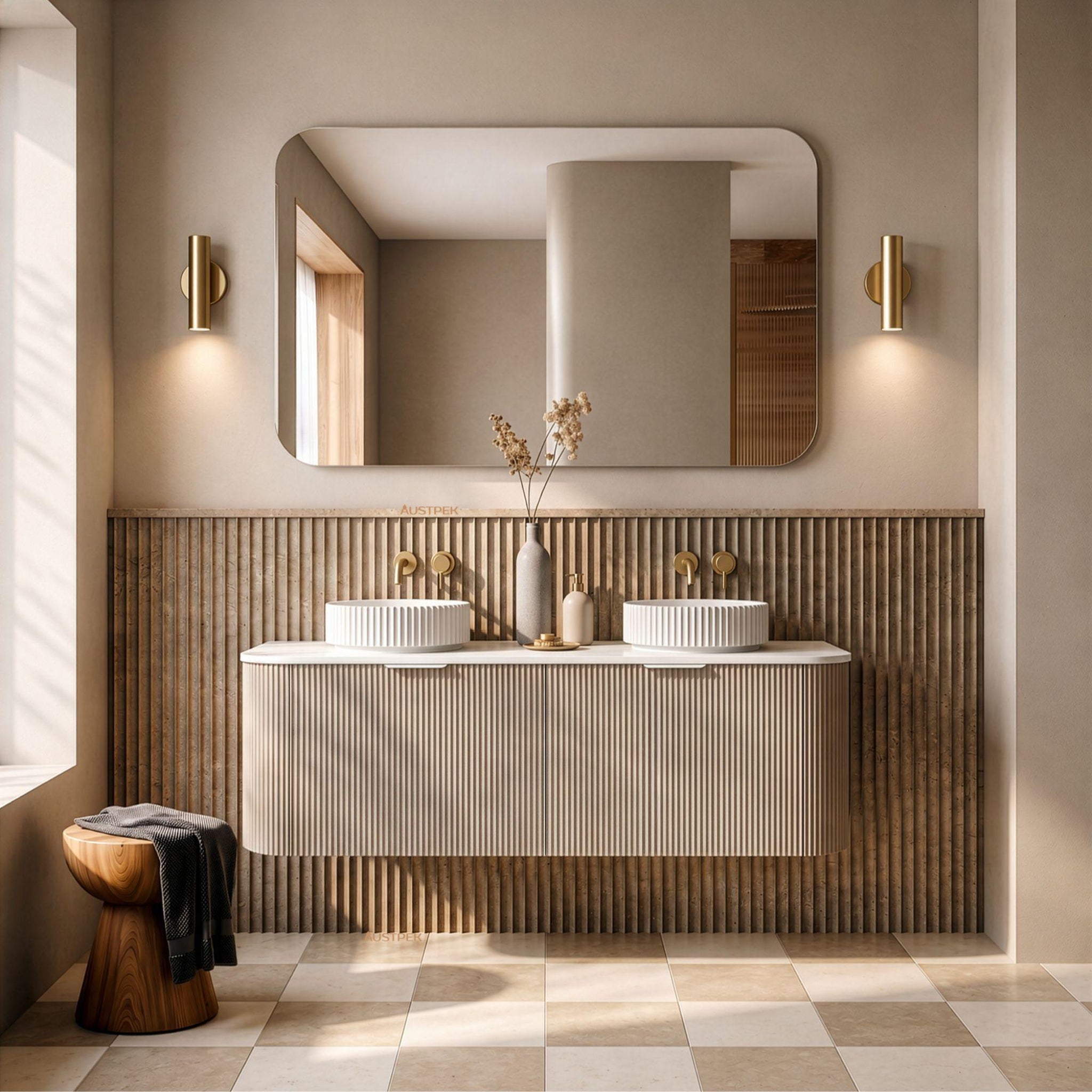 LUKKA AGENA COSTAL OAK FLUTED 1500MM CURVE DOUBLE BOWL WALL HUNG VANITY