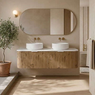 LUKKA AGENA PRIME OAK FLUTED 1500MM CURVE DOUBLE BOWL WALL HUNG VANITY