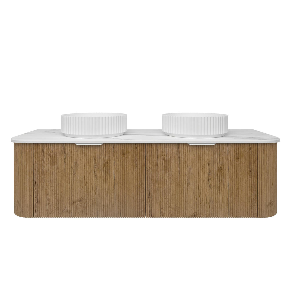 LUKKA AGENA PRIME OAK FLUTED 1500MM CURVE DOUBLE BOWL WALL HUNG VANITY
