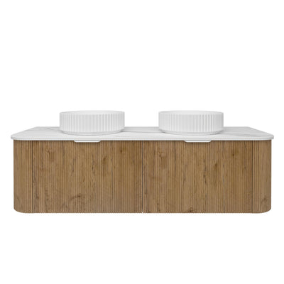 LUKKA AGENA PRIME OAK FLUTED 1500MM CURVE DOUBLE BOWL WALL HUNG VANITY