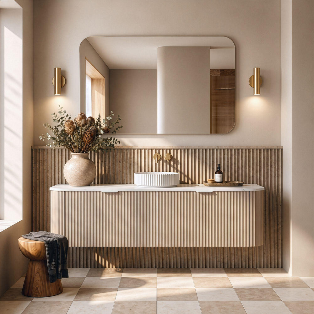 LUKKA AGENA COSTAL OAK FLUTED 1800MM CURVE SINGLE BOWL WALL HUNG VANITY