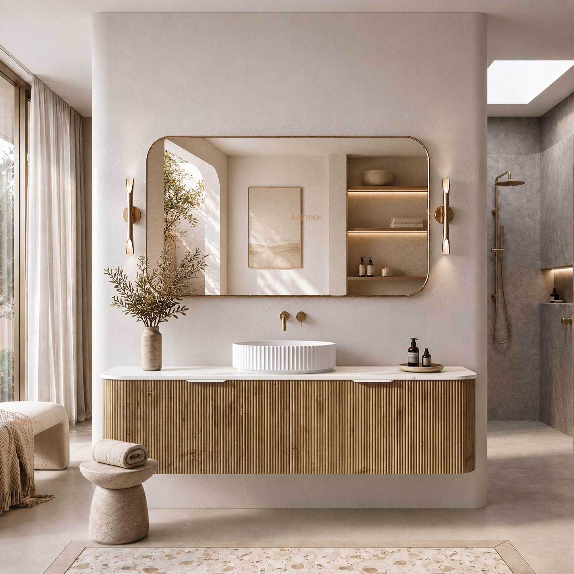 LUKKA AGENA PRIME OAK FLUTED 1800MM CURVE SINGLE BOWL WALL HUNG VANITY