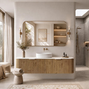 LUKKA AGENA PRIME OAK FLUTED 1800MM CURVE SINGLE BOWL WALL HUNG VANITY