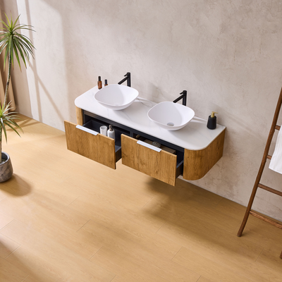 LUKKA AGENA PRIME OAK FLUTED 1800MM CURVE DOUBLE BOWL WALL HUNG VANITY