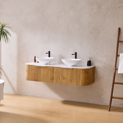 LUKKA AGENA PRIME OAK FLUTED 1800MM CURVE DOUBLE BOWL WALL HUNG VANITY