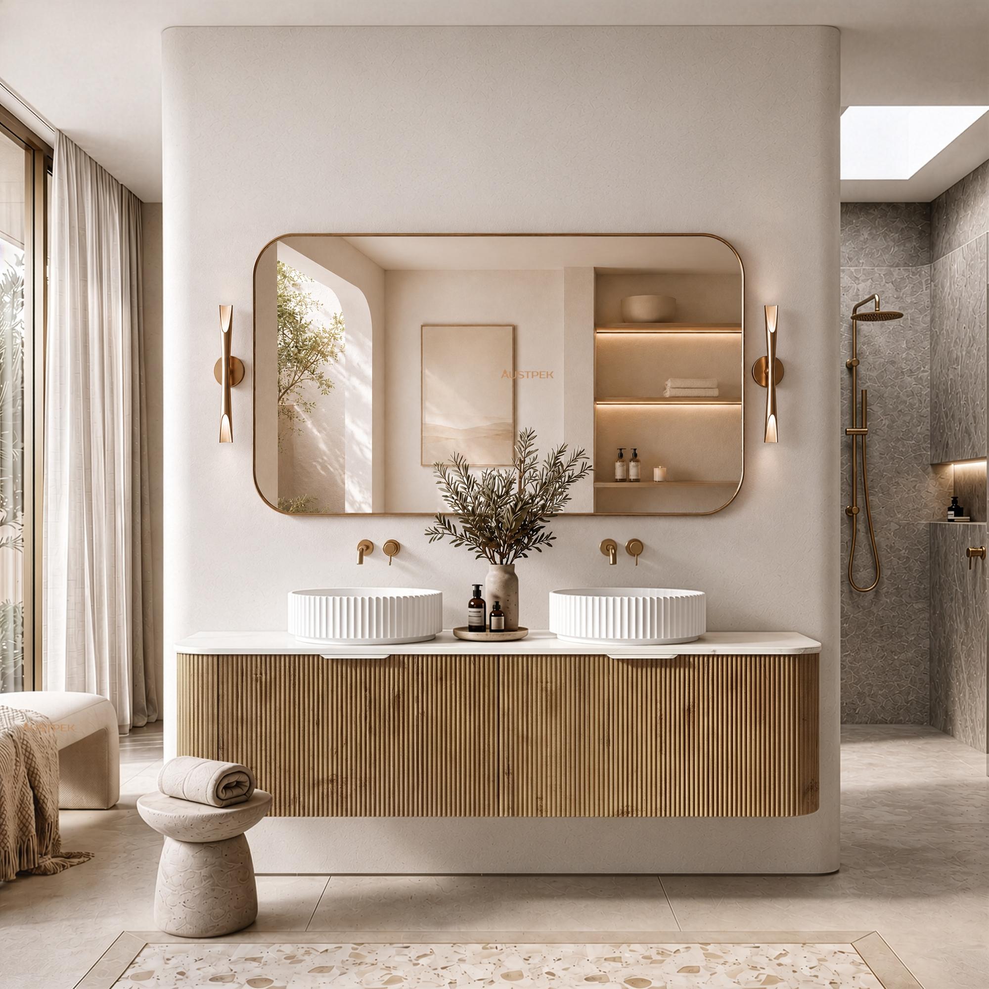 LUKKA AGENA PRIME OAK FLUTED 1800MM CURVE DOUBLE BOWL WALL HUNG VANITY