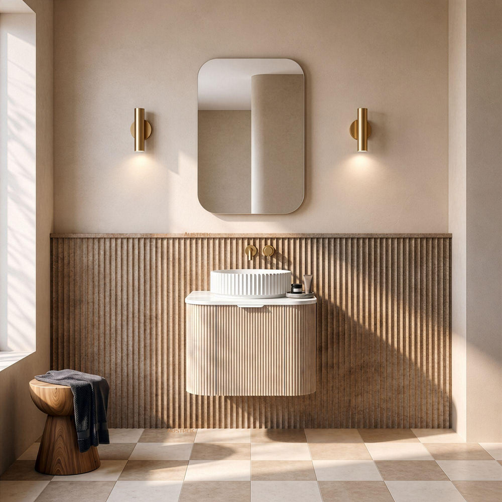 LUKKA AGENA COSTAL OAK FLUTED 600MM CURVE SINGLE BOWL WALL HUNG VANITY