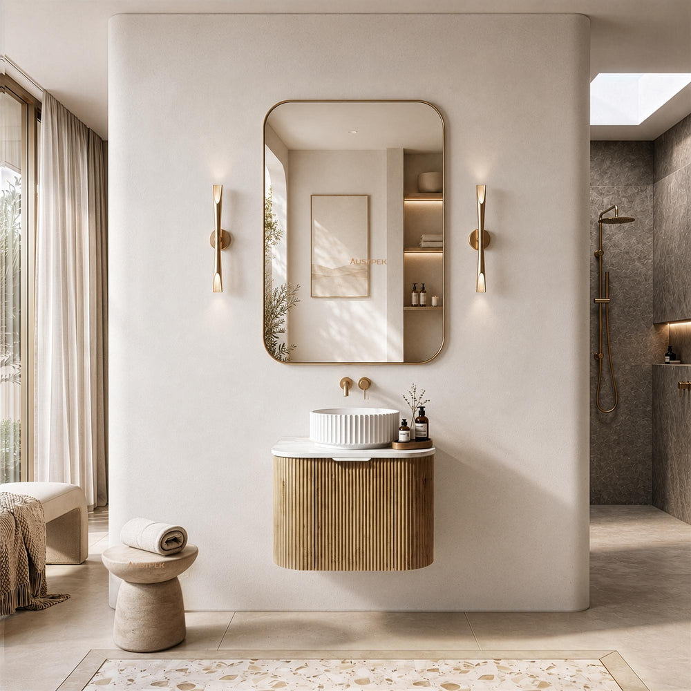 LUKKA AGENA PRIME OAK FLUTED 600MM CURVE SINGLE BOWL WALL HUNG VANITY