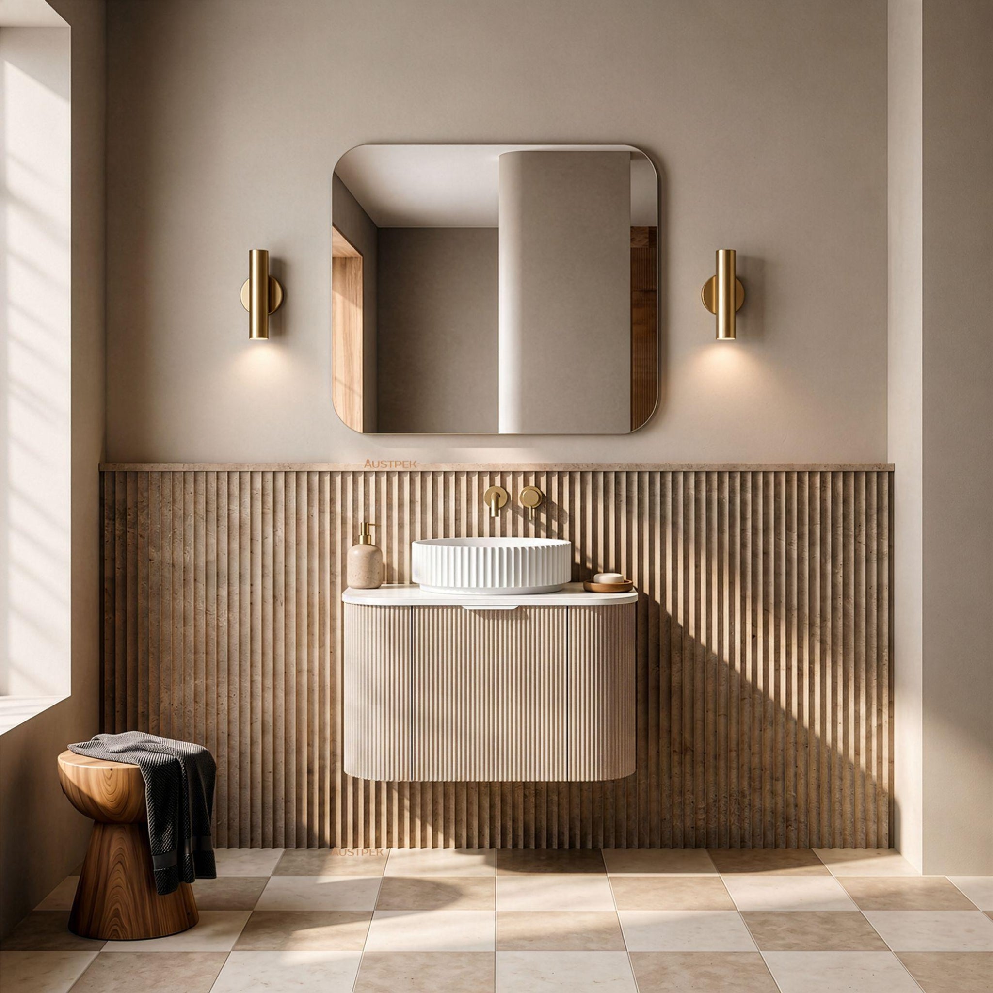 LUKKA AGENA COSTAL OAK FLUTED 750MM CURVE SINGLE BOWL WALL HUNG VANITY