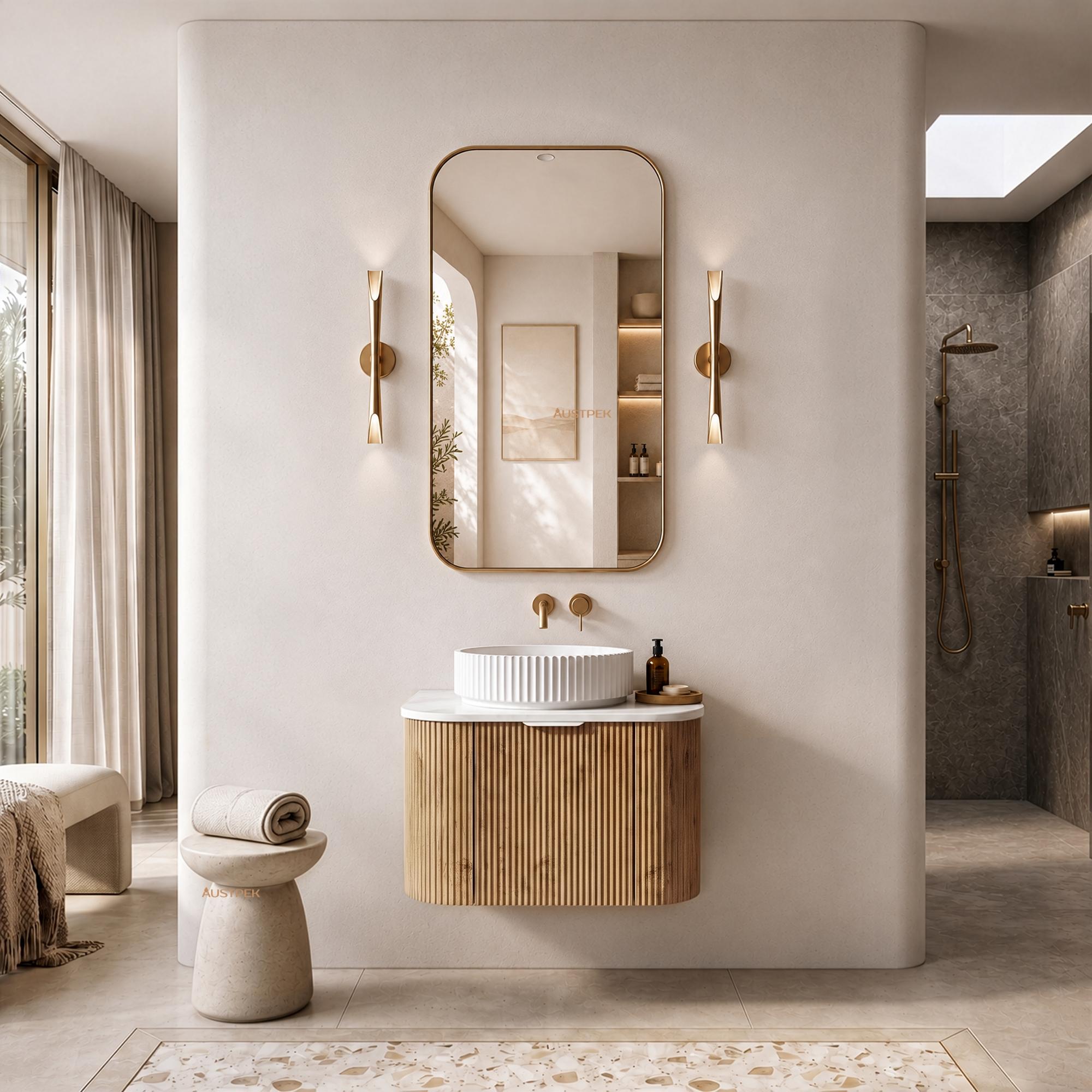 LUKKA AGENA PRIME OAK FLUTED 750MM CURVE SINGLE BOWL WALL HUNG VANITY
