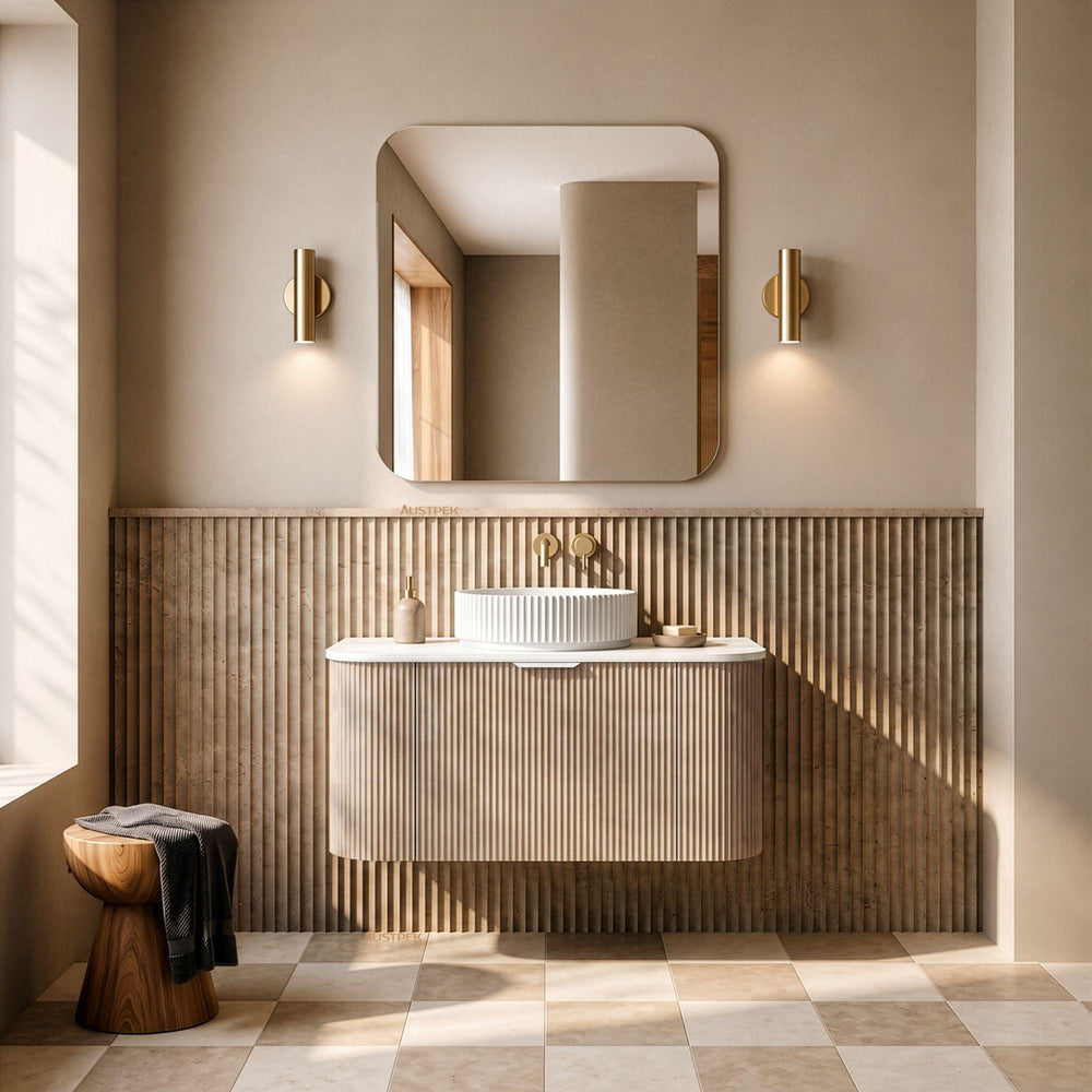 LUKKA AGENA COSTAL OAK FLUTED 900MM CURVE SINGLE BOWL WALL HUNG VANITY