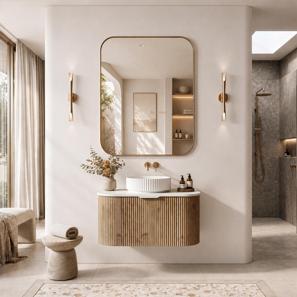 LUKKA AGENA PRIME OAK FLUTED 900MM CURVE SINGLE BOWL WALL HUNG VANITY