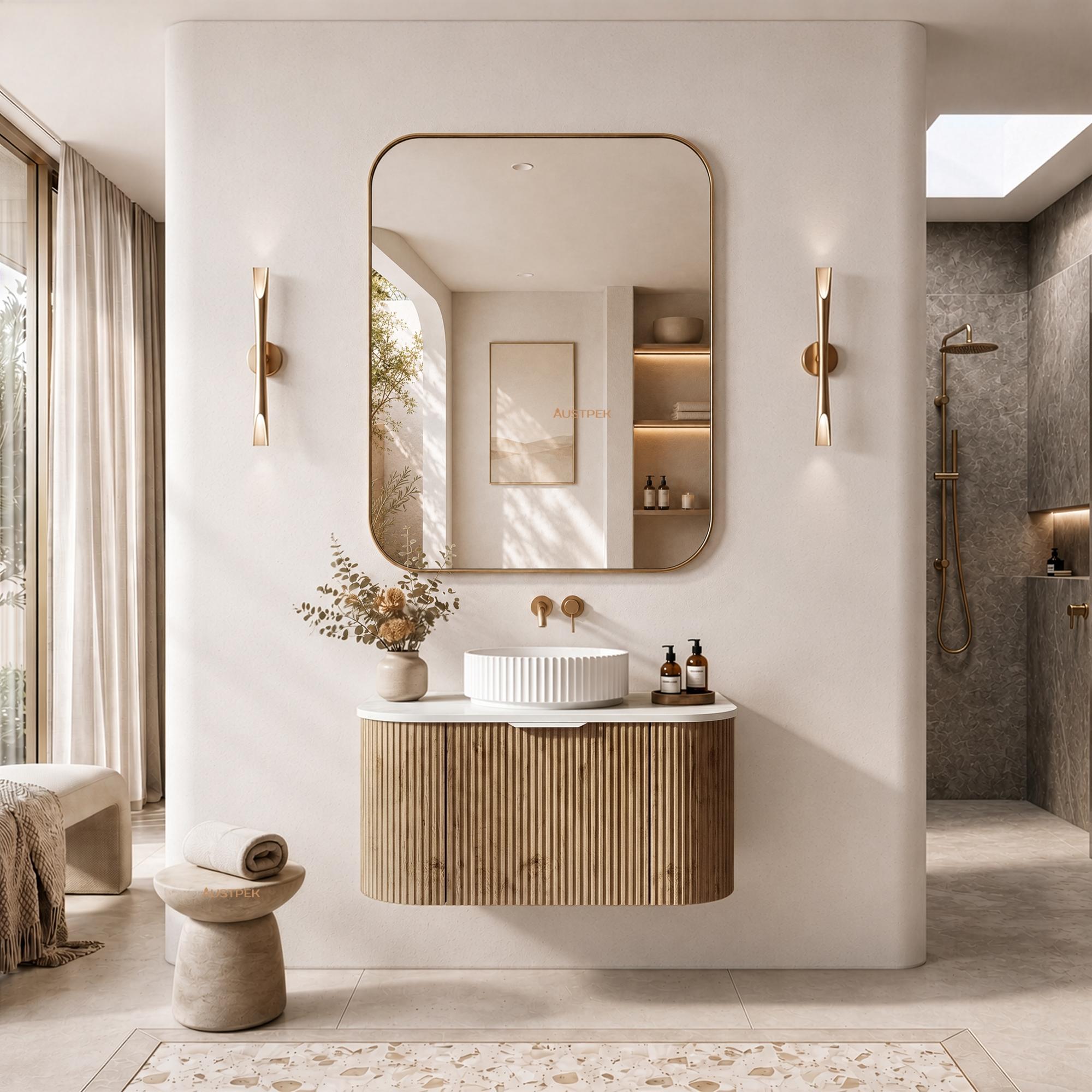 LUKKA AGENA PRIME OAK FLUTED 900MM CURVE SINGLE BOWL WALL HUNG VANITY