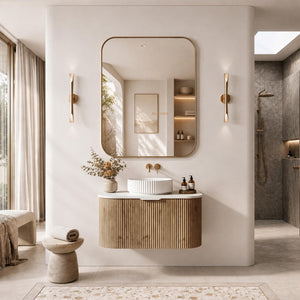 LUKKA AGENA PRIME OAK FLUTED 900MM CURVE SINGLE BOWL WALL HUNG VANITY