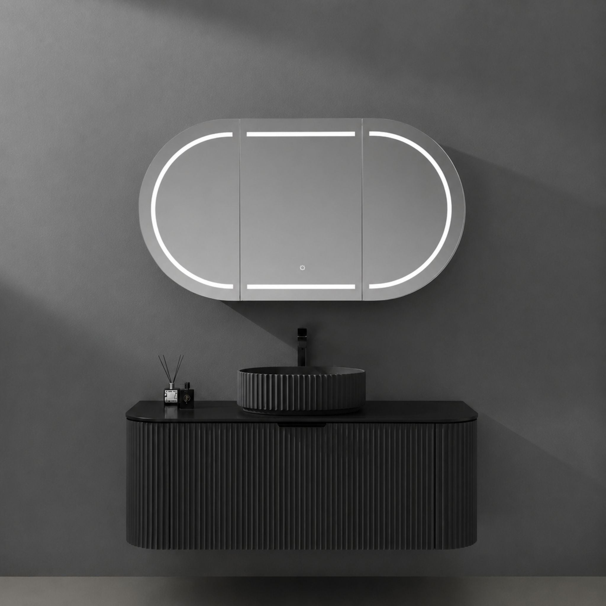 LUKKA ALLISON MATTE BLACK LED MIRROR SHAVING CABINET 1500MM