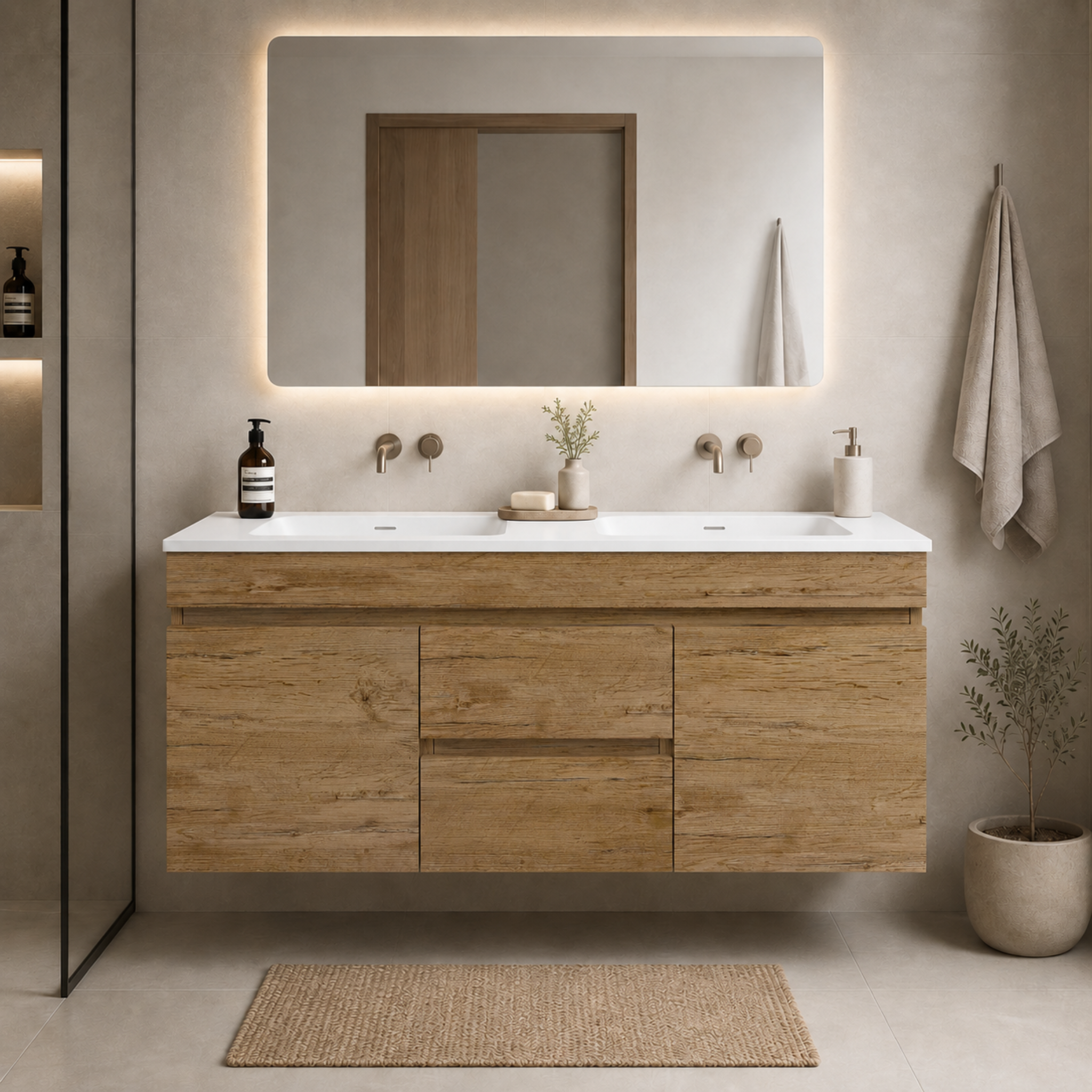 LUKKA CAMDEN MODERN PRIME OAK 1200MM DOUBLE BOWL WALL HUNG VANITY