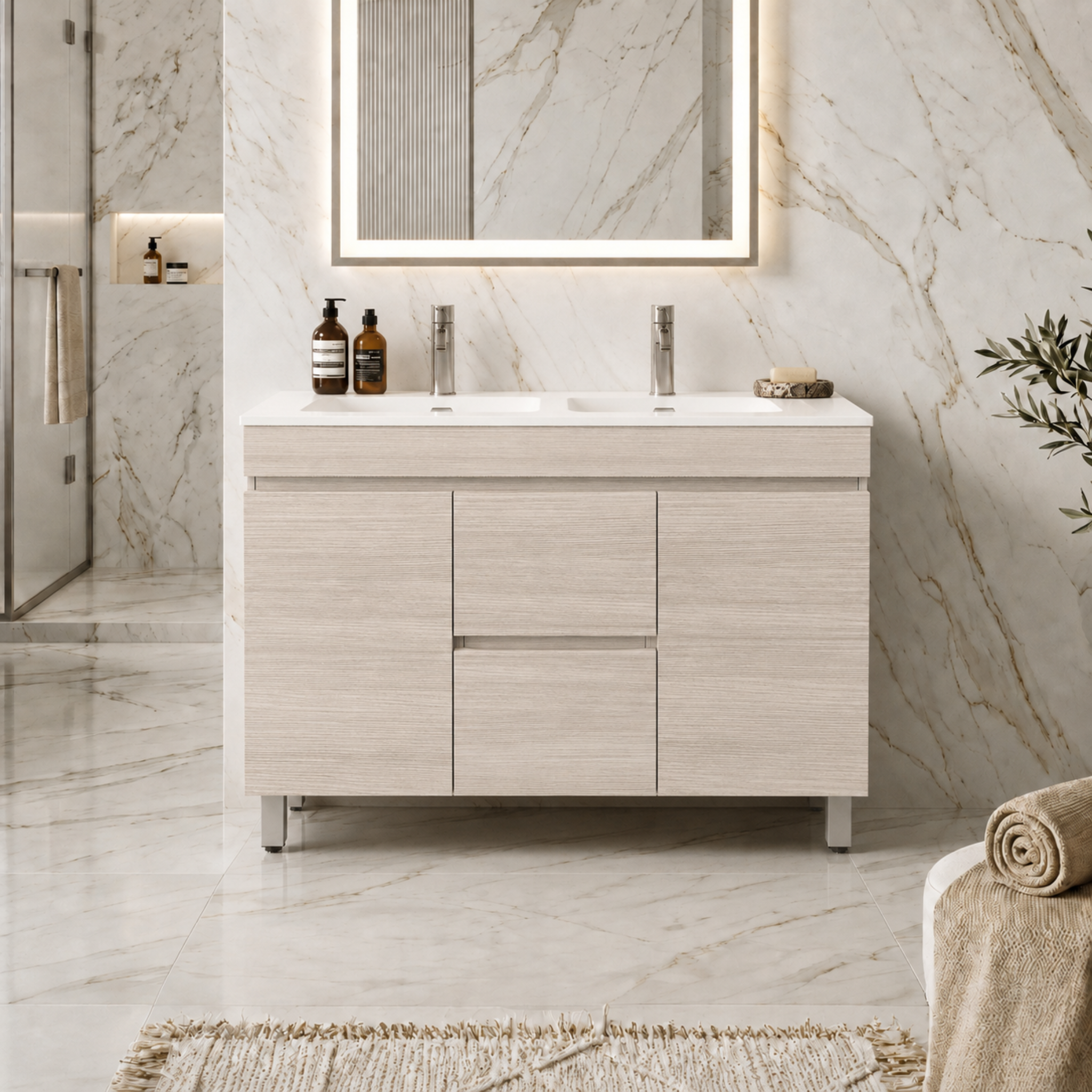 LUKKA CAMDEN MODERN COASTAL OAK 1200MM DOUBLE BOWL FLOOR STANDING VANITY