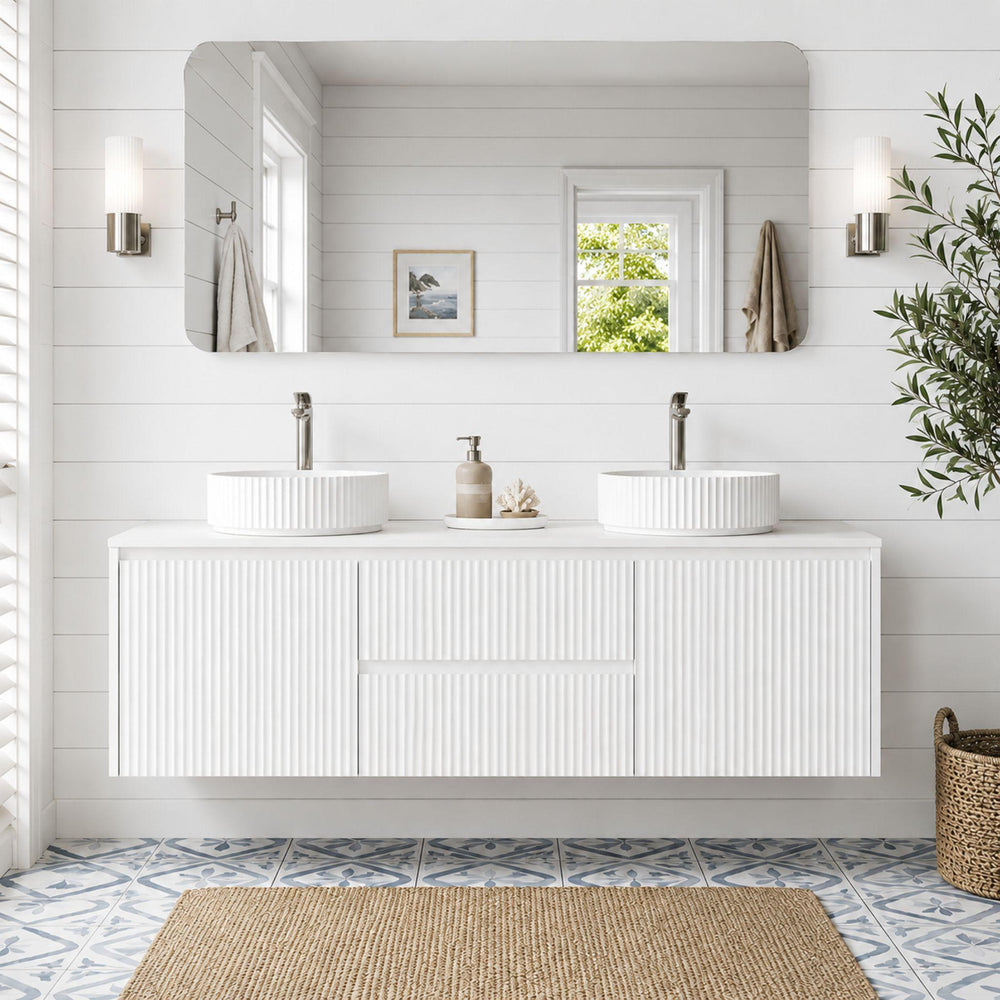 LUKKA CRETE MODERN MATTE WHITE 1500MM DOUBLE BOWL WALL HUNG VANITY (AVAILABLE IN MIDDLE, LEFT AND RIGHT HAND DRAWER)