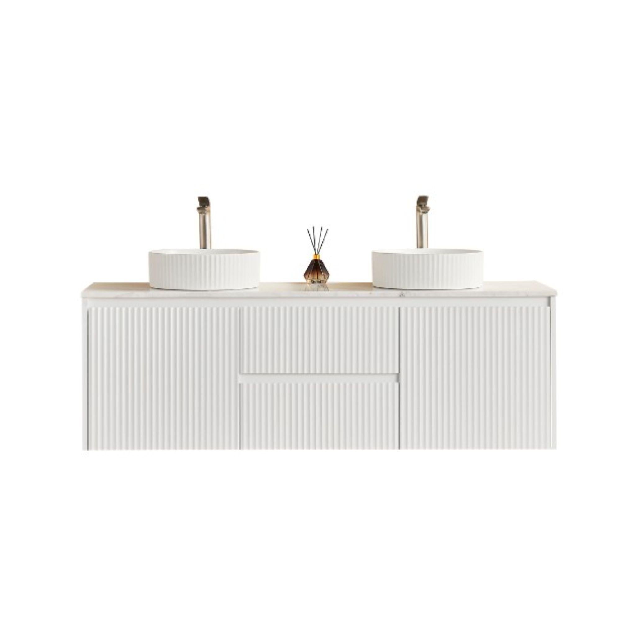 LUKKA CRETE MODERN MATTE WHITE 1500MM DOUBLE BOWL WALL HUNG VANITY (AVAILABLE IN MIDDLE, LEFT AND RIGHT HAND DRAWER)