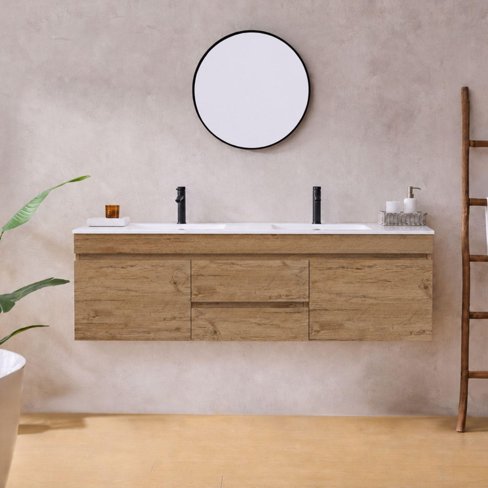 LUKKA CAMDEN MODERN PRIME OAK 1500MM DOUBLE BOWL WALL HUNG VANITY