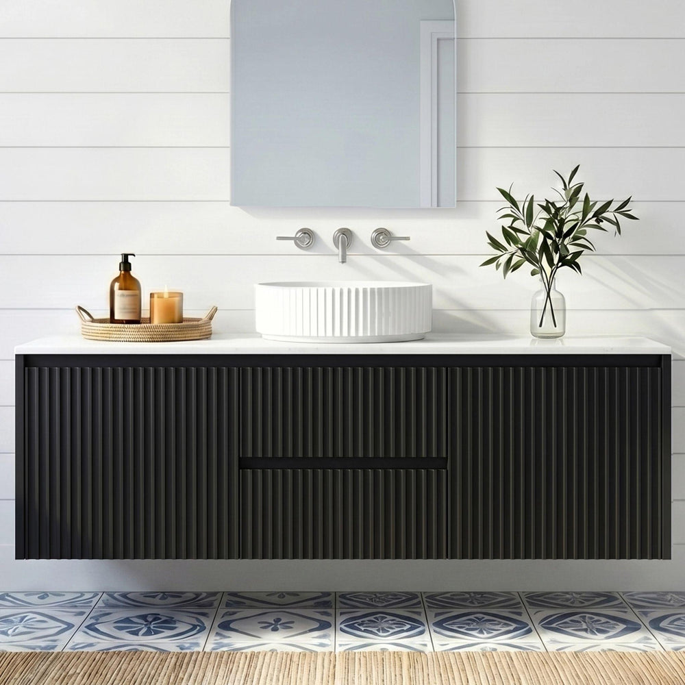 LUKKA CRETE MODERN MATTE BLACK 1500MM SINGLE BOWL WALL HUNG VANITY (AVAILABLE IN MIDDLE, LEFT AND RIGHT HAND DRAWER)