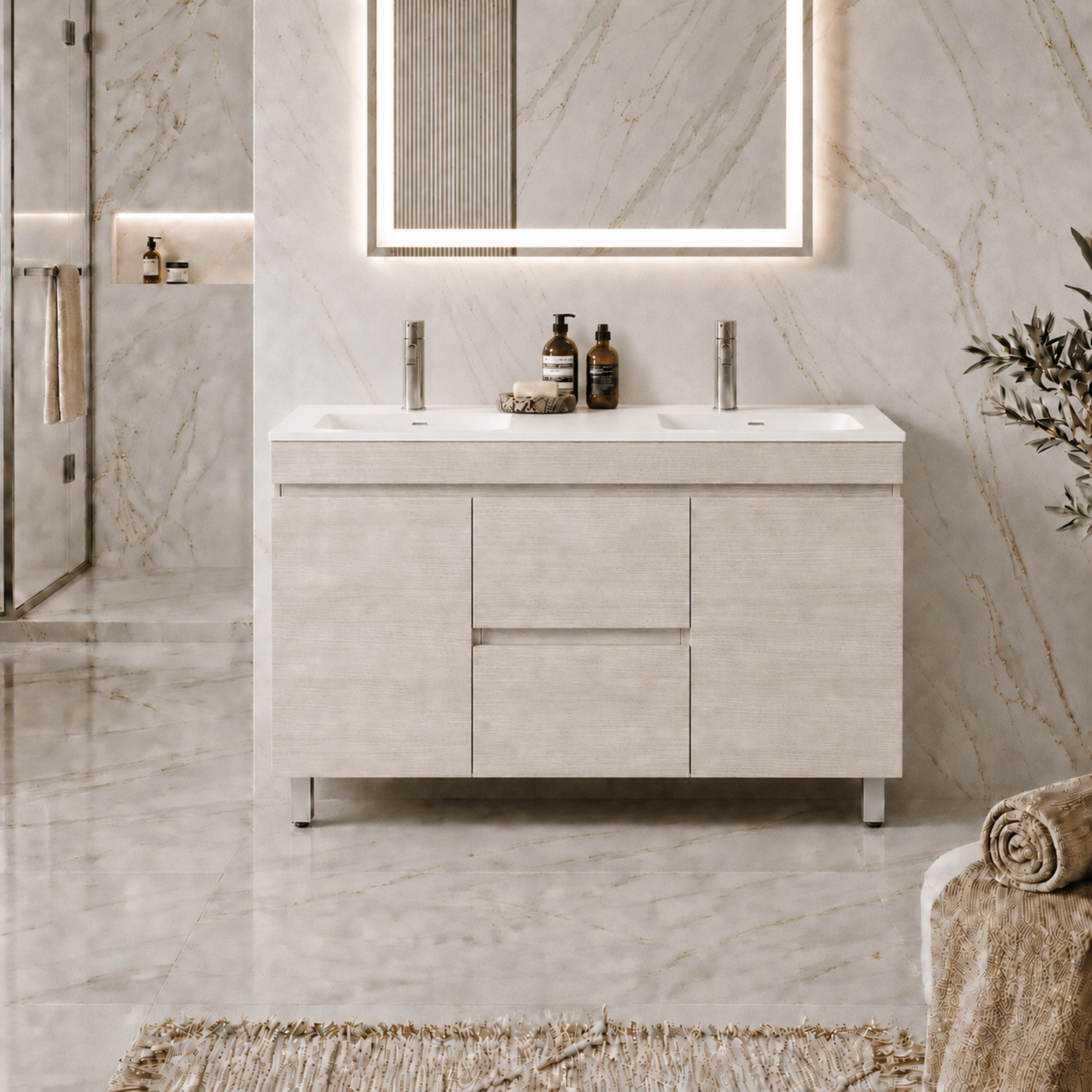 LUKKA CAMDEN MODERN COASTAL OAK 1500MM DOUBLE BOWL FLOOR STANDING VANITY
