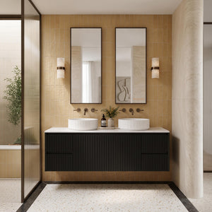 LUKKA CRETE MODERN MATTE BLACK 1500MM DOUBLE BOWL WALL HUNG VANITY (AVAILABLE IN MIDDLE, LEFT AND RIGHT HAND DRAWER)