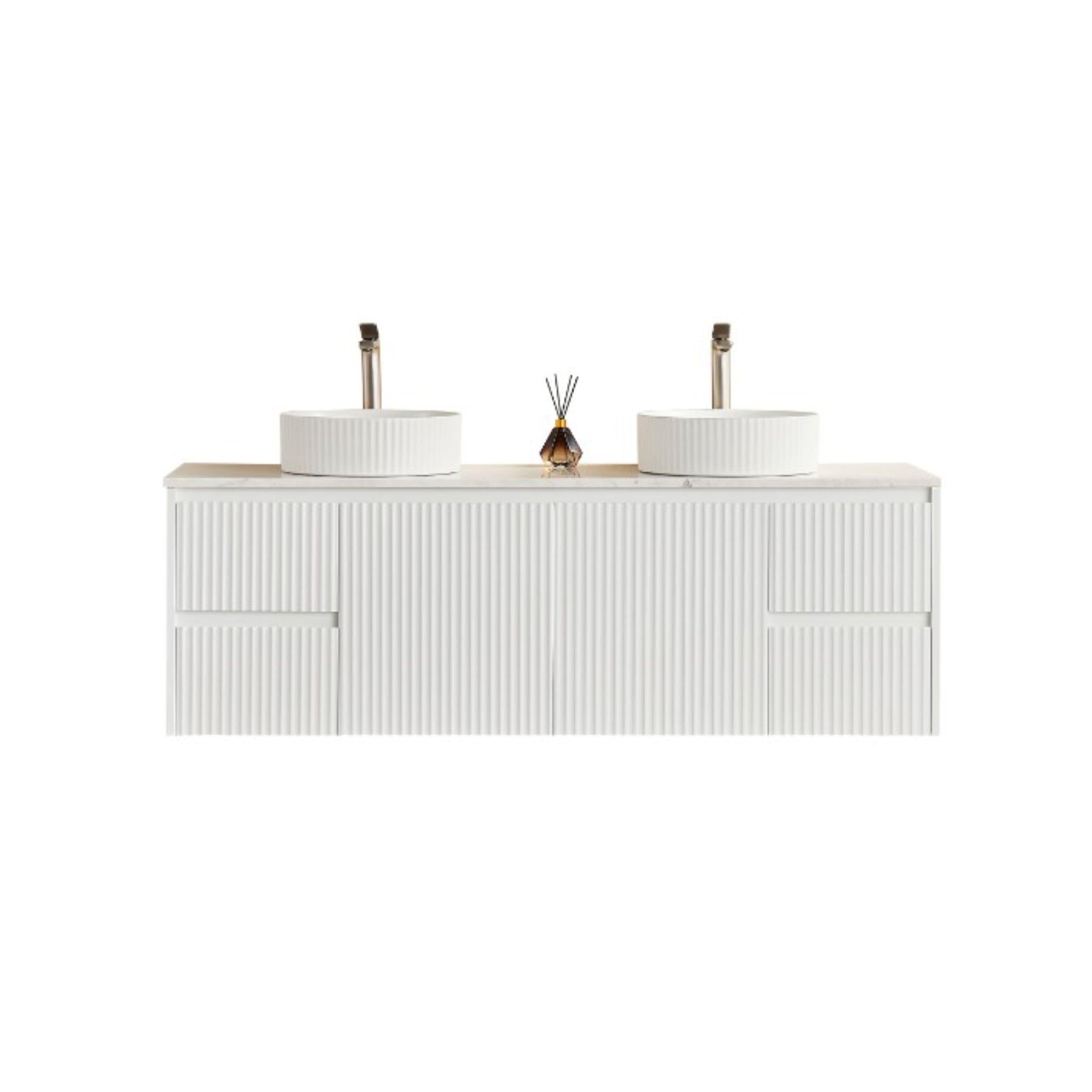 LUKKA CRETE MODERN MATTE WHITE 1500MM DOUBLE BOWL WALL HUNG VANITY (AVAILABLE IN MIDDLE, LEFT AND RIGHT HAND DRAWER)