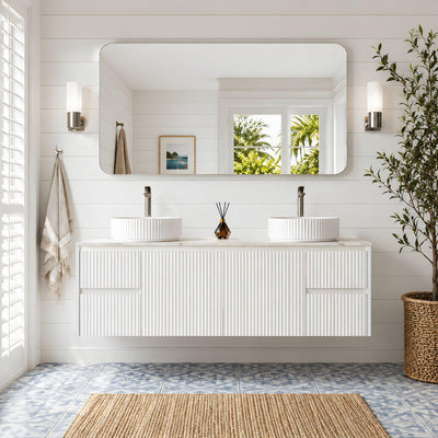 LUKKA CRETE MODERN MATTE WHITE 1500MM DOUBLE BOWL WALL HUNG VANITY (AVAILABLE IN MIDDLE, LEFT AND RIGHT HAND DRAWER)