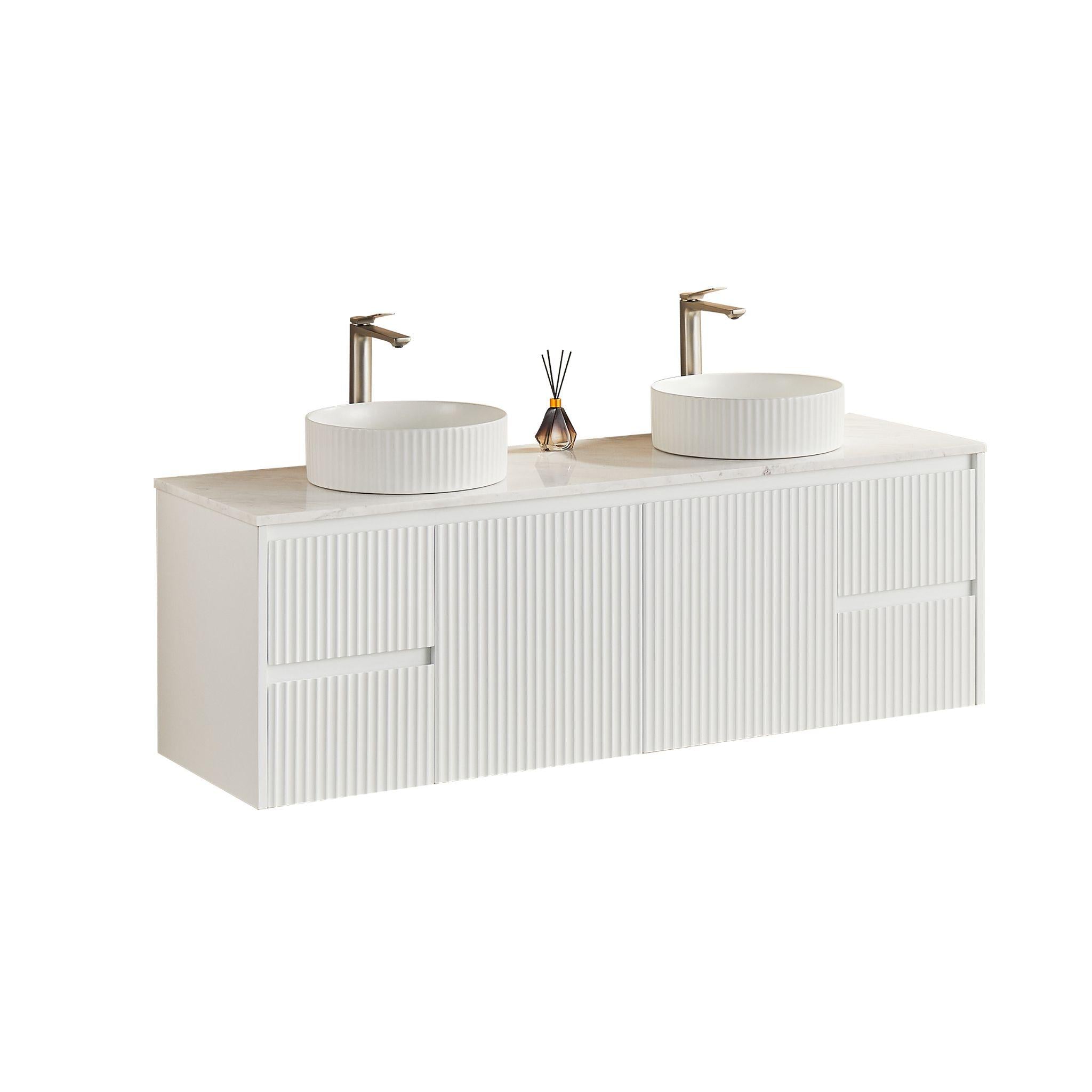 LUKKA CRETE MODERN MATTE WHITE 1500MM DOUBLE BOWL WALL HUNG VANITY (AVAILABLE IN MIDDLE, LEFT AND RIGHT HAND DRAWER)