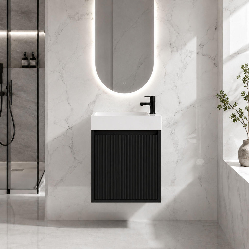 LUKKA CRETE MINI MATTE BLACK 450MM SPACE SAVING SINGLE BOWL WALL HUNG VANITY