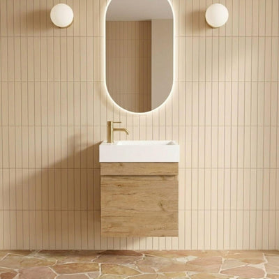 LUKKA CAMDEN MODERN PRIME OAK 450MM SPACE SAVING SINGLE BOWL WALL HUNG VANITY