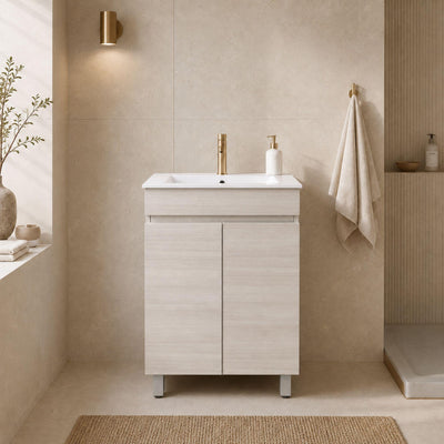 LUKKA CAMDEN ENSUITE COASTAL OAK 600MM SPACE SAVING SINGLE BOWL FLOOR STANDING VANITY