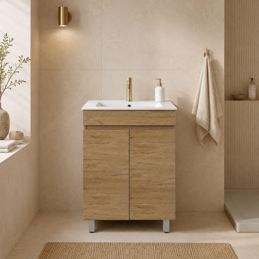 LUKKA CAMDEN ENSUITE PRIME OAK 600MM SPACE SAVING SINGLE BOWL FLOOR STANDING VANITY