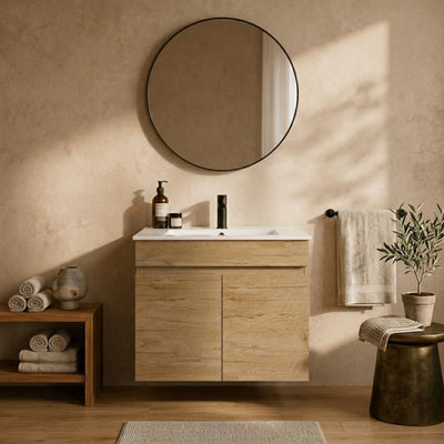 LUKKA CAMDEN ENSUITE PRIME OAK 600MM SPACE SAVING SINGLE BOWL WALL HUNG VANITY